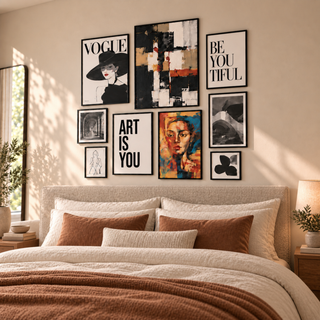 Closer angled view of the gallery wall in afternoon light above cream pillows and a rust throw
