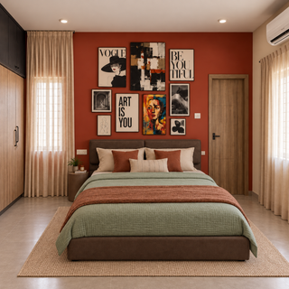 Nine black framed canvas prints on a terracotta accent wall above a brown upholstered bed with a sage green quilt and rust throw