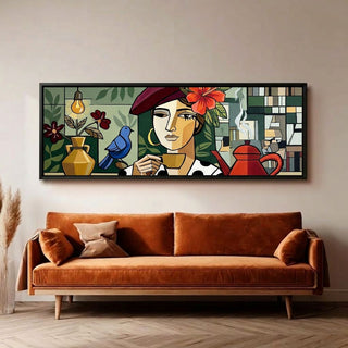 Modern Café Muse Wall Art, HD Canvas Print, 2x5 Ft Black Floater Frame, Ready to Hang. (MOWA71)