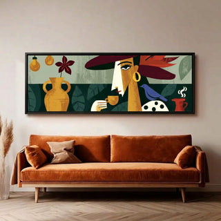 Contemporary Lady & Bird, HD Canvas Print, 2x5 Ft Black Floater Frame, Ready to Hang. (MOWA74)