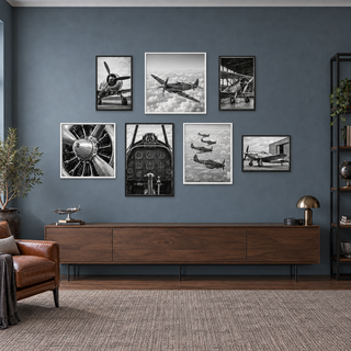 The Aviator’s Archive seven-piece vintage aircraft gallery wall above a walnut console