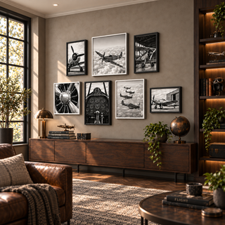 Monochrome aircraft canvas prints styled in a dark library with leather seating
