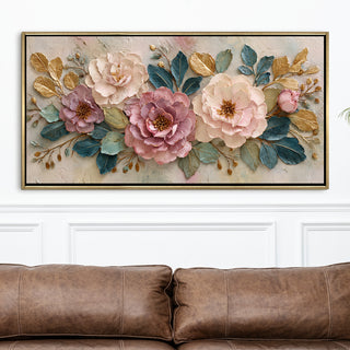 Elegant Pastel Peonies – Luxury Floral Wall Art – Golden Floater Frame, HD Canvas Print, Ready to Hang, Size: 2x4 feet (FLBWA80)