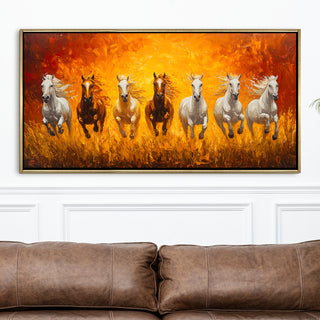 Seven Running Horses Wall Painting – Symbol of Prosperity, Success & Positive Energy | Premium Vastu Artwork for Home & Office Decor | Luxury Golden Floating  Frame HD Canvas Print ( 24 Inch x 48 Inch ) (VAWA52).