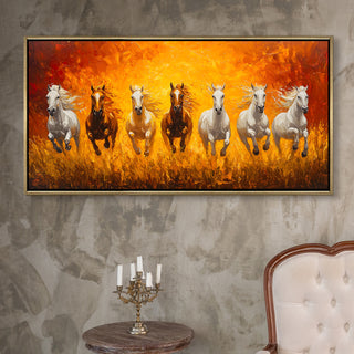 Seven Running Horses Wall Painting – Symbol of Prosperity, Success & Positive Energy | Premium Vastu Artwork for Home & Office Decor | Luxury Golden Floating  Frame HD Canvas Print ( 24 Inch x 48 Inch ) (VAWA52).