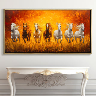 Seven Running Horses Wall Painting – Symbol of Prosperity, Success & Positive Energy | Premium Vastu Artwork for Home & Office Decor | Luxury Golden Floating  Frame HD Canvas Print ( 24 Inch x 48 Inch ) (VAWA52).