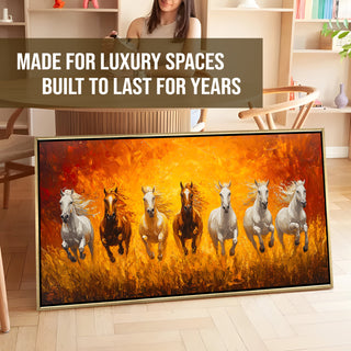 Seven Running Horses Wall Painting – Symbol of Prosperity, Success & Positive Energy | Premium Vastu Artwork for Home & Office Decor | Luxury Golden Floating  Frame HD Canvas Print ( 24 Inch x 48 Inch ) (VAWA52).