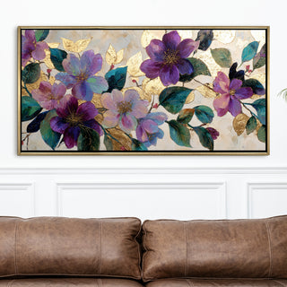Royal Violet Florals – Luxury Floral Wall Art – Golden Floater Frame, HD Canvas Print, Ready to Hang, Size: 2x4 feet (FLBWA81)