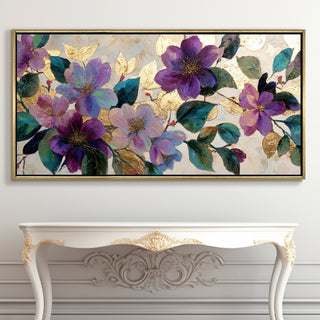 Royal Violet Florals – Luxury Floral Wall Art – Golden Floater Frame, HD Canvas Print, Ready to Hang, Size: 2x4 feet (FLBWA81)