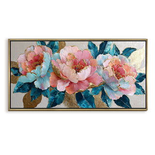 Pastel Peonies & Teal Leaves – Luxury Floral Wall Art – Golden Floater Frame, HD Canvas Print, Ready to Hang, Size: 2x4 feet (FLBWA82)