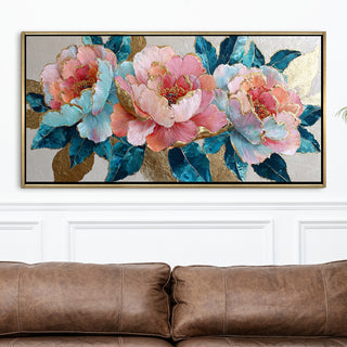 Pastel Peonies & Teal Leaves – Luxury Floral Wall Art – Golden Floater Frame, HD Canvas Print, Ready to Hang, Size: 2x4 feet (FLBWA82)