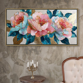 Pastel Peonies & Teal Leaves – Luxury Floral Wall Art – Golden Floater Frame, HD Canvas Print, Ready to Hang, Size: 2x4 feet (FLBWA82)