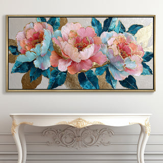 Pastel Peonies & Teal Leaves – Luxury Floral Wall Art – Golden Floater Frame, HD Canvas Print, Ready to Hang, Size: 2x4 feet (FLBWA82)