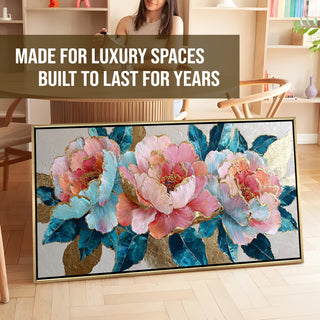 Pastel Peonies & Teal Leaves – Luxury Floral Wall Art – Golden Floater Frame, HD Canvas Print, Ready to Hang, Size: 2x4 feet (FLBWA82)