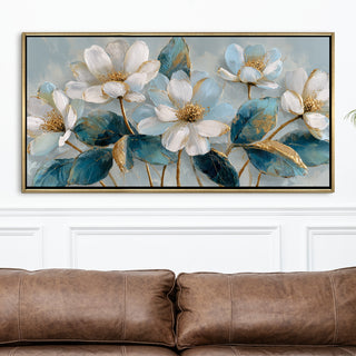 Ivory Bloom Garden – Luxury Floral Wall Art – Golden Floater Frame, HD Canvas Print, Ready to Hang, Size: 2x4 feet (FLBWA84)