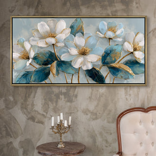 Ivory Bloom Garden – Luxury Floral Wall Art – Golden Floater Frame, HD Canvas Print, Ready to Hang, Size: 2x4 feet (FLBWA84)