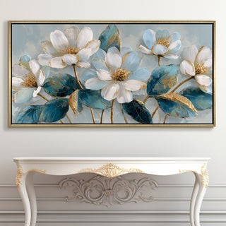 Ivory Bloom Garden – Luxury Floral Wall Art – Golden Floater Frame, HD Canvas Print, Ready to Hang, Size: 2x4 feet (FLBWA84)
