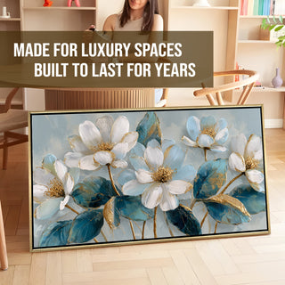 Ivory Bloom Garden – Luxury Floral Wall Art – Golden Floater Frame, HD Canvas Print, Ready to Hang, Size: 2x4 feet (FLBWA84)