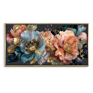 Royal Petals in Teal & Blush – Luxury Floral Wall Art – Golden Floater Frame, HD Canvas Print, Ready to Hang, Size: 2x4 feet (FLBWA85)