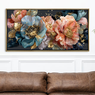 Royal Petals in Teal & Blush – Luxury Floral Wall Art – Golden Floater Frame, HD Canvas Print, Ready to Hang, Size: 2x4 feet (FLBWA85)