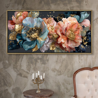 Royal Petals in Teal & Blush – Luxury Floral Wall Art – Golden Floater Frame, HD Canvas Print, Ready to Hang, Size: 2x4 feet (FLBWA85)