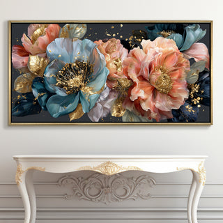 Royal Petals in Teal & Blush – Luxury Floral Wall Art – Golden Floater Frame, HD Canvas Print, Ready to Hang, Size: 2x4 feet (FLBWA85)