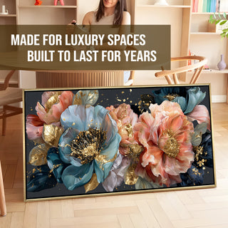 Royal Petals in Teal & Blush – Luxury Floral Wall Art – Golden Floater Frame, HD Canvas Print, Ready to Hang, Size: 2x4 feet (FLBWA85)
