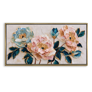 Blush Peonies with Teal Leaves – Luxury Floral Wall Art – Golden Floater Frame, HD Canvas Print, Ready to Hang, Size: 2x4 feet (FLBWA86)