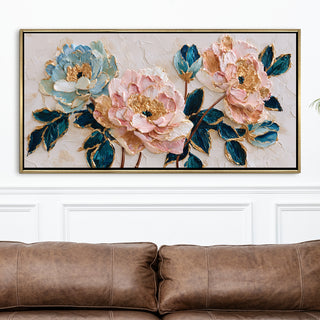 Blush Peonies with Teal Leaves – Luxury Floral Wall Art – Golden Floater Frame, HD Canvas Print, Ready to Hang, Size: 2x4 feet (FLBWA86)