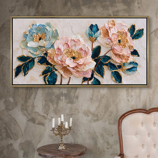 Blush Peonies with Teal Leaves – Luxury Floral Wall Art – Golden Floater Frame, HD Canvas Print, Ready to Hang, Size: 2x4 feet (FLBWA86)