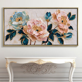 Blush Peonies with Teal Leaves – Luxury Floral Wall Art – Golden Floater Frame, HD Canvas Print, Ready to Hang, Size: 2x4 feet (FLBWA86)
