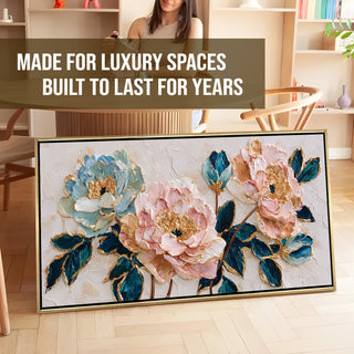 Blush Peonies with Teal Leaves – Luxury Floral Wall Art – Golden Floater Frame, HD Canvas Print, Ready to Hang, Size: 2x4 feet (FLBWA86)