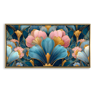 Royal Teal & Blush Floral – Luxury Floral Wall Art – Golden Floater Frame, HD Canvas Print, Ready to Hang, Size: 2x4 feet (FLBWA87)