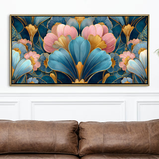 Royal Teal & Blush Floral – Luxury Floral Wall Art – Golden Floater Frame, HD Canvas Print, Ready to Hang, Size: 2x4 feet (FLBWA87)