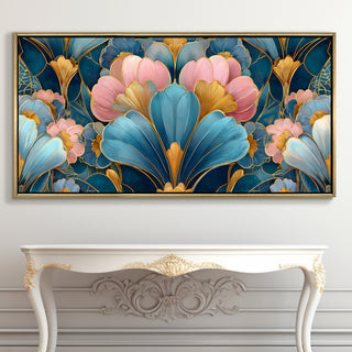 Royal Teal & Blush Floral – Luxury Floral Wall Art – Golden Floater Frame, HD Canvas Print, Ready to Hang, Size: 2x4 feet (FLBWA87)