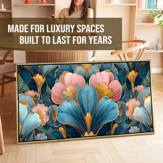 Royal Teal & Blush Floral – Luxury Floral Wall Art – Golden Floater Frame, HD Canvas Print, Ready to Hang, Size: 2x4 feet (FLBWA87)