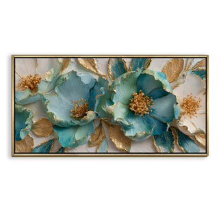 Luxury Teal & Gold Floral Wall Art – Golden Floater Frame, HD Canvas Print, Ready to Hang, Size: 2x4 feet (FLBWA71)