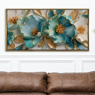 Luxury Teal & Gold Floral Wall Art – Golden Floater Frame, HD Canvas Print, Ready to Hang, Size: 2x4 feet (FLBWA71)