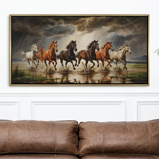 Seven Running Horses Wall Painting – Symbol of Prosperity, Success & Positive Energy | Premium Vastu Artwork for Home & Office Decor | Luxury Golden Floating  Frame HD Canvas Print ( 24 Inch x 48 Inch ) (VAWA43).