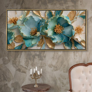 Luxury Teal & Gold Floral Wall Art – Golden Floater Frame, HD Canvas Print, Ready to Hang, Size: 2x4 feet (FLBWA71)