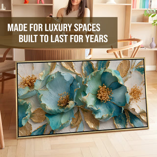 Luxury Teal & Gold Floral Wall Art – Golden Floater Frame, HD Canvas Print, Ready to Hang, Size: 2x4 feet (FLBWA71)