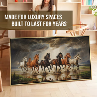 Seven Running Horses Wall Painting – Symbol of Prosperity, Success & Positive Energy | Premium Vastu Artwork for Home & Office Decor | Luxury Golden Floating  Frame HD Canvas Print ( 24 Inch x 48 Inch ) (VAWA43).