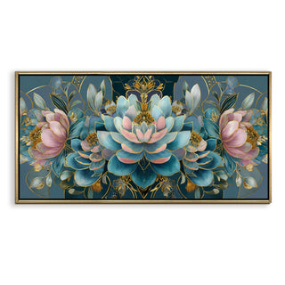 Floral Elegance in Teal, Blush & Gold – Luxury Wall Art – Golden Floater Frame, HD Canvas Print, Ready to Hang, Size: 2x4 feet (FLBWA88)