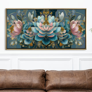 Floral Elegance in Teal, Blush & Gold – Luxury Wall Art – Golden Floater Frame, HD Canvas Print, Ready to Hang, Size: 2x4 feet (FLBWA88)