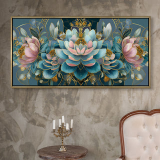 Floral Elegance in Teal, Blush & Gold – Luxury Wall Art – Golden Floater Frame, HD Canvas Print, Ready to Hang, Size: 2x4 feet (FLBWA88)