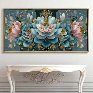 Floral Elegance in Teal, Blush & Gold – Luxury Wall Art – Golden Floater Frame, HD Canvas Print, Ready to Hang, Size: 2x4 feet (FLBWA88)