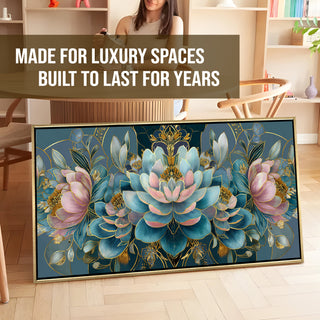 Floral Elegance in Teal, Blush & Gold – Luxury Wall Art – Golden Floater Frame, HD Canvas Print, Ready to Hang, Size: 2x4 feet (FLBWA88)