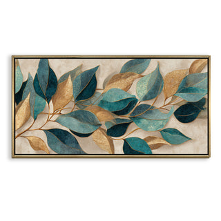 Floral Elegance in Teal, Blush & Gold – Luxury Wall Art – Golden Floater Frame, HD Canvas Print, Ready to Hang, Size: 2x4 feet (FLBWA89)