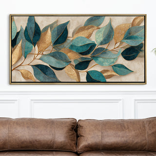 Floral Elegance in Teal, Blush & Gold – Luxury Wall Art – Golden Floater Frame, HD Canvas Print, Ready to Hang, Size: 2x4 feet (FLBWA89)