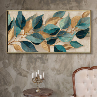Floral Elegance in Teal, Blush & Gold – Luxury Wall Art – Golden Floater Frame, HD Canvas Print, Ready to Hang, Size: 2x4 feet (FLBWA89)